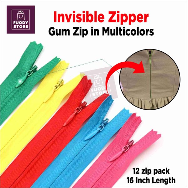12 pcs invisible Zip ( Gum Zip ) Use For Ladies Dresses Nylon Multi Color