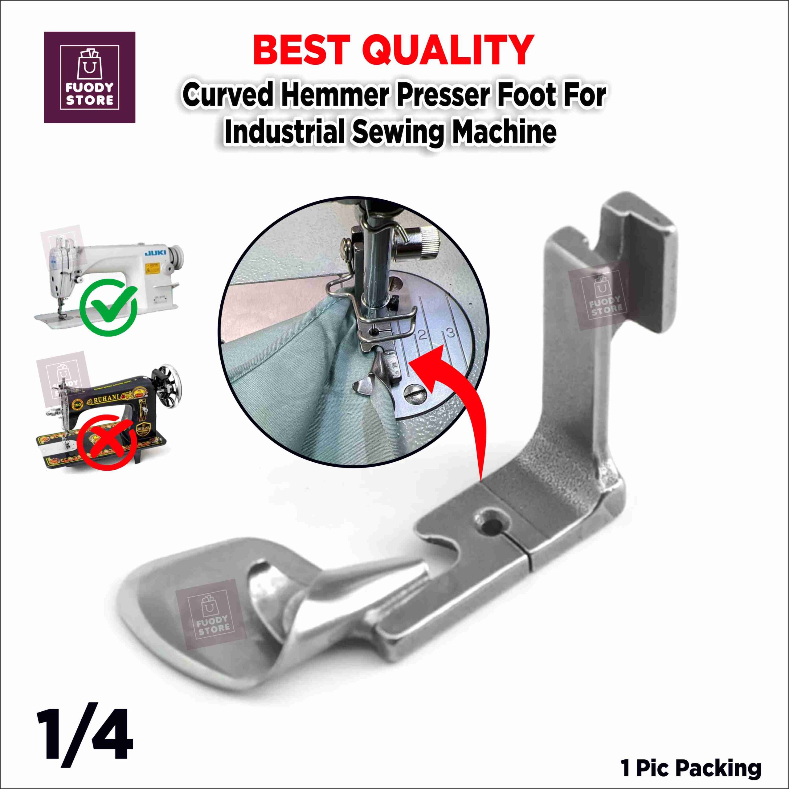 1/4" Curved Hemmer Presser Foot Compatible with Industrial Sewing Machine Like Brother Juki Jack